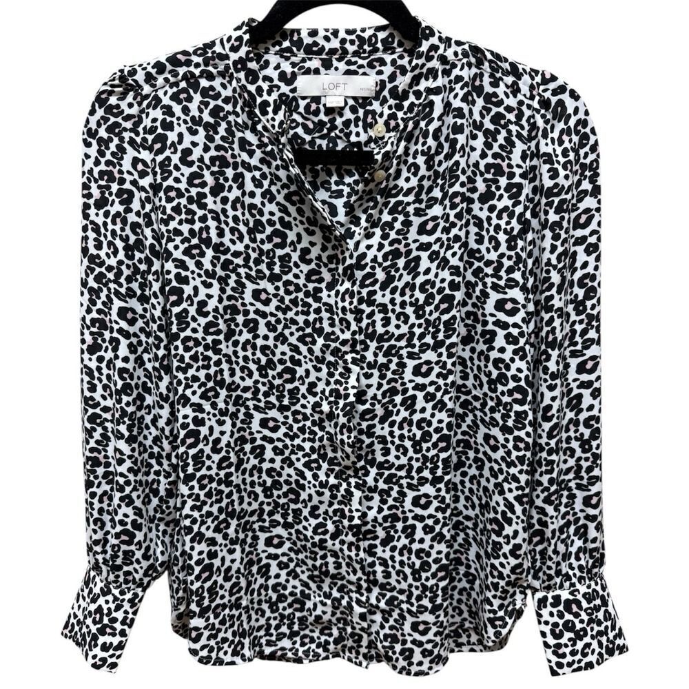 LOFT Womens Petite Blouse Top Shirt White Animal Print buttoned down Size XSP